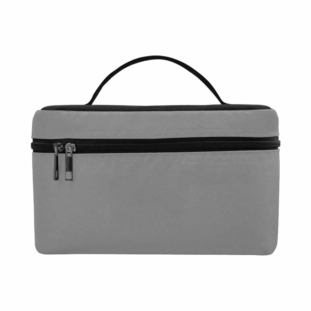 Gray cosmetic bag with multiple compartments, perfect for organizing beauty essentials.