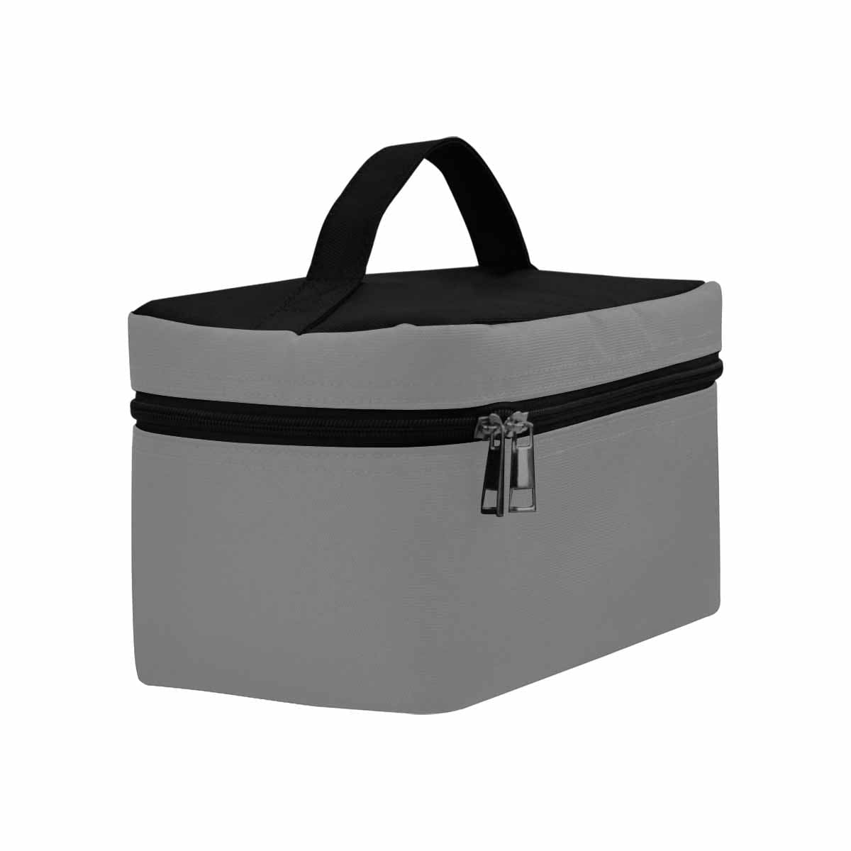 Gray cosmetic bag with multiple compartments, perfect for organizing beauty essentials.