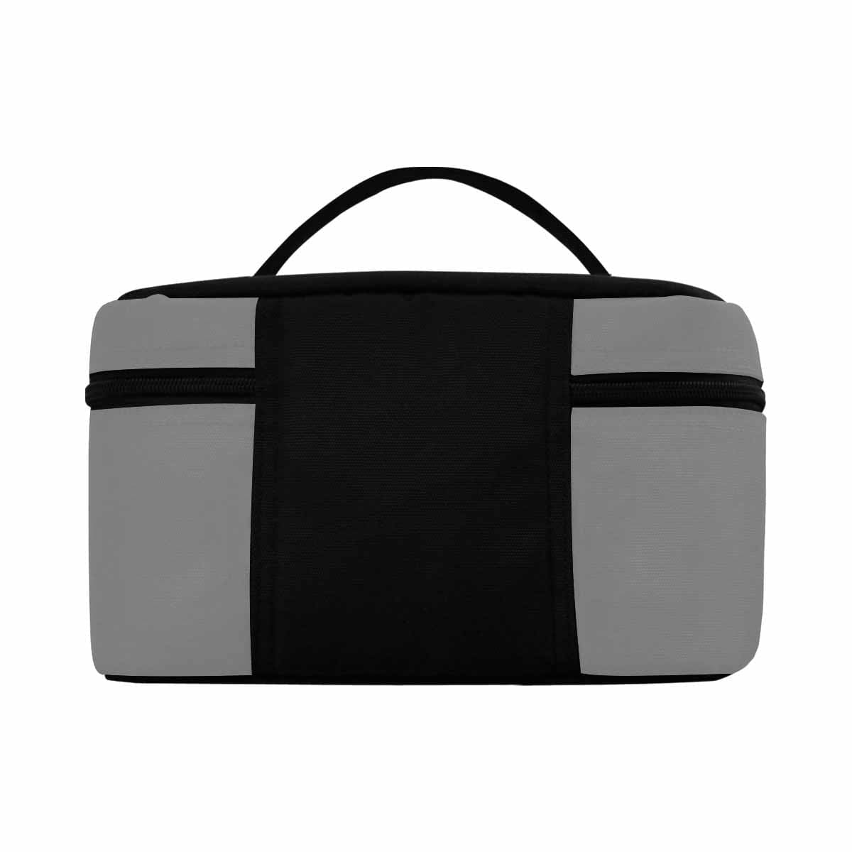 Gray cosmetic bag with multiple compartments, perfect for organizing beauty essentials.