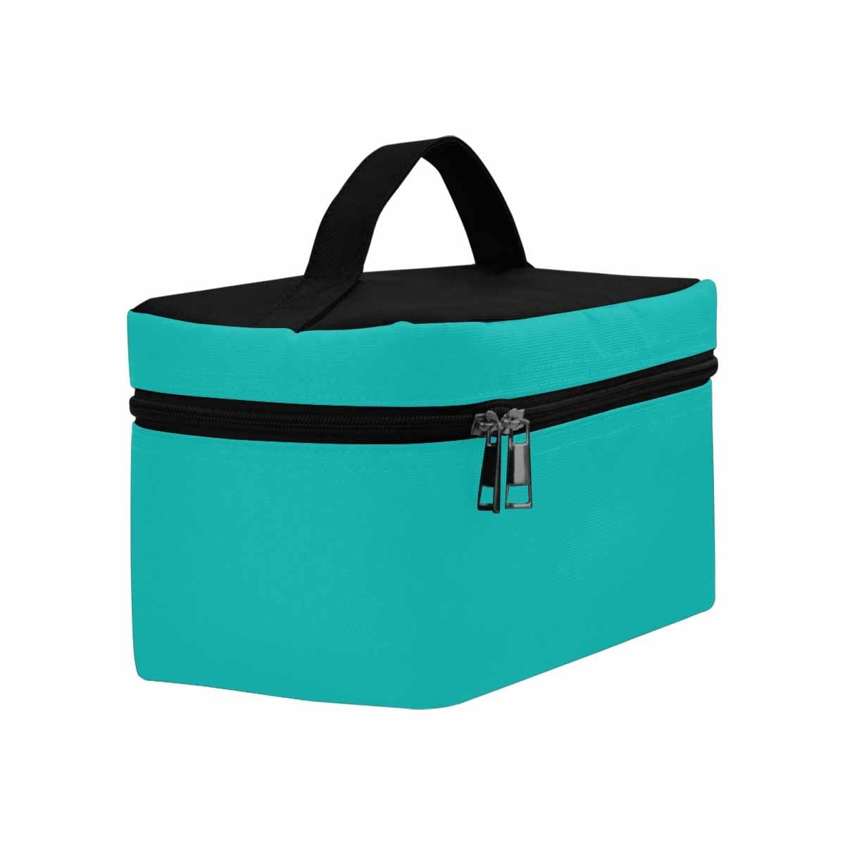 Stylish greenish blue cosmetic bag with multiple compartments and secure zipper closure, perfect for travel and organization.