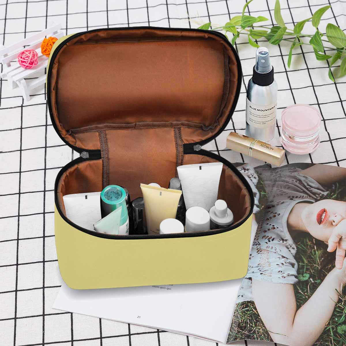 Khaki Yellow Cosmetic Bag with multiple compartments and secure zipper closure, perfect for organizing beauty essentials.