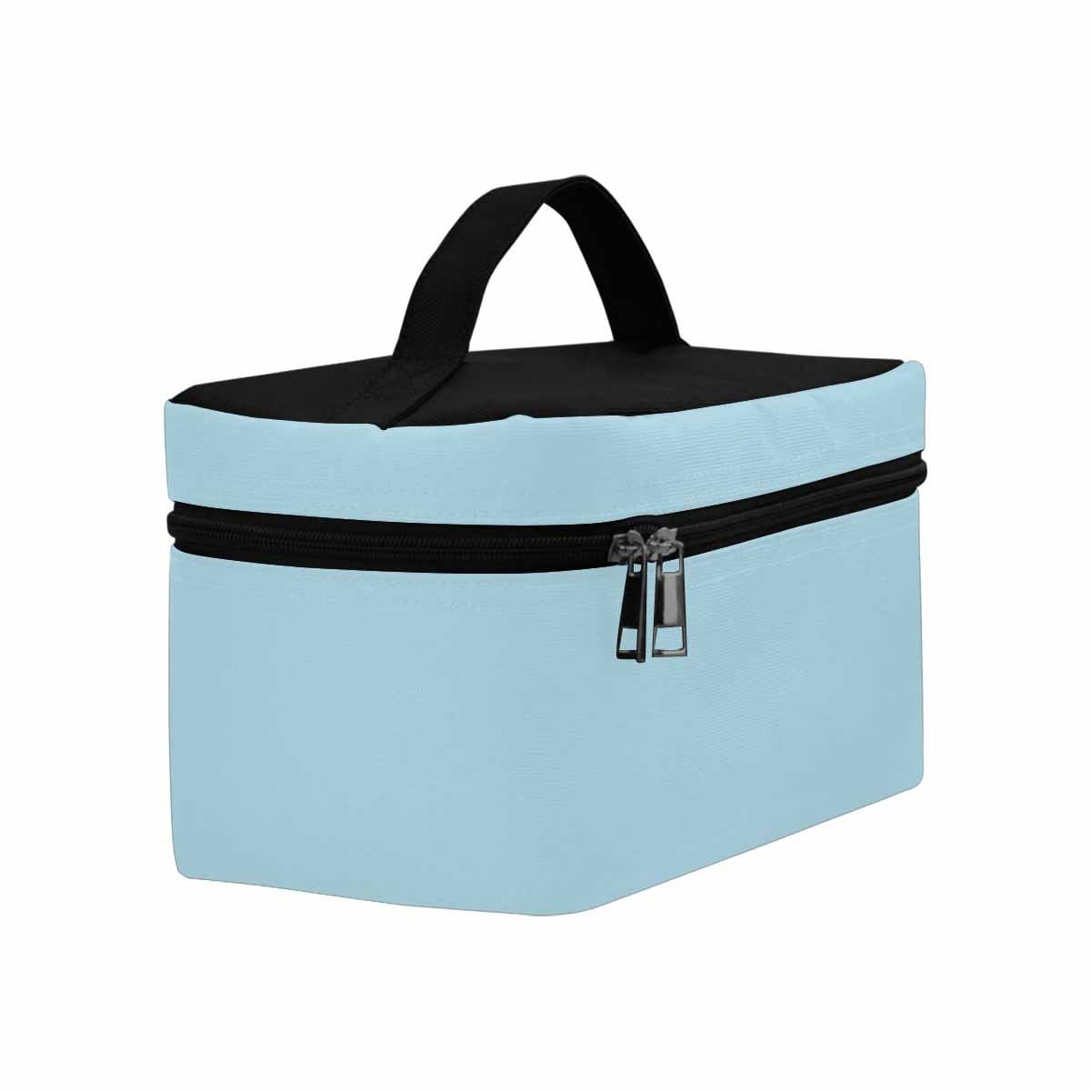 Light blue cosmetic bag with multiple compartments, perfect for organizing beauty essentials.