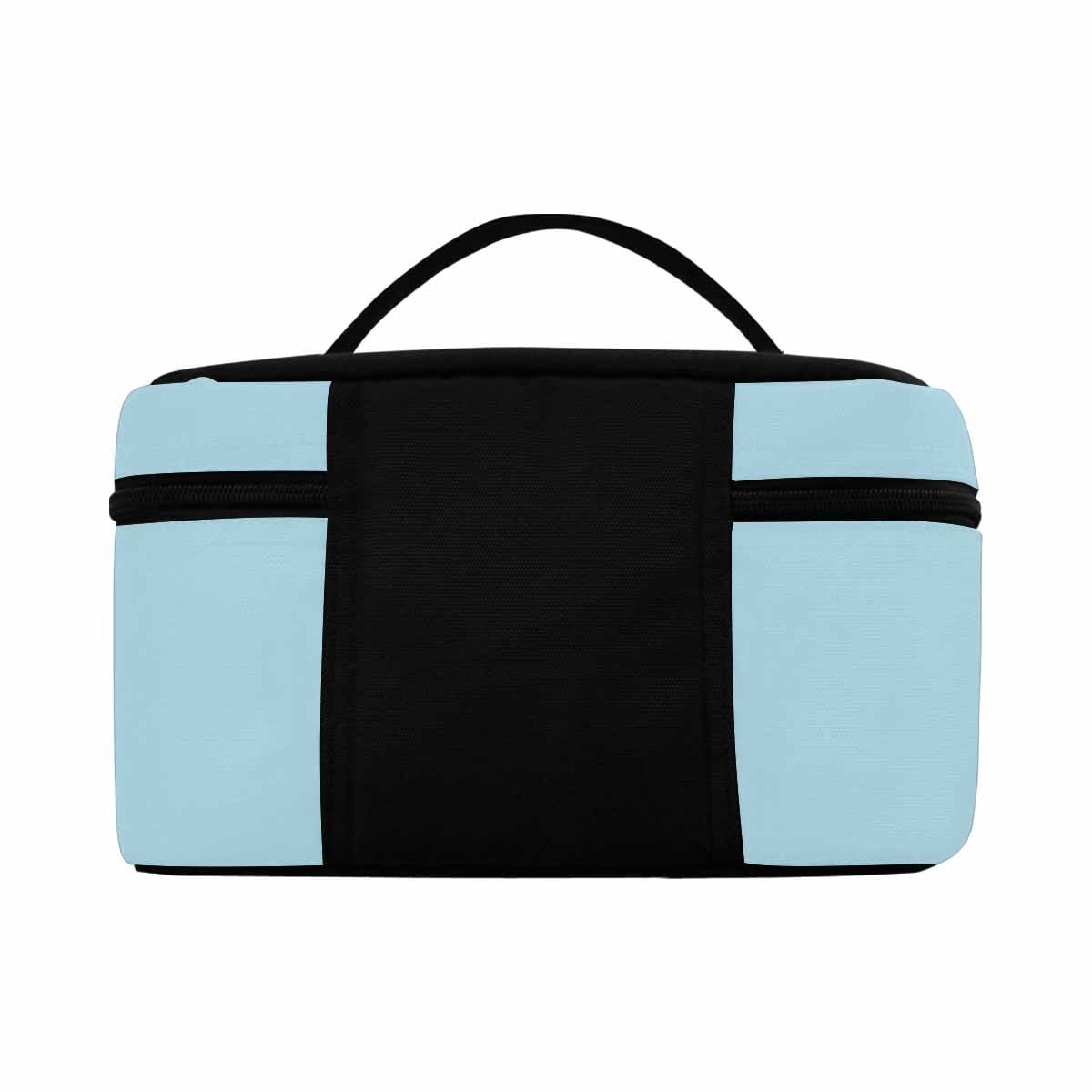 Light blue cosmetic bag with multiple compartments, perfect for organizing beauty essentials.