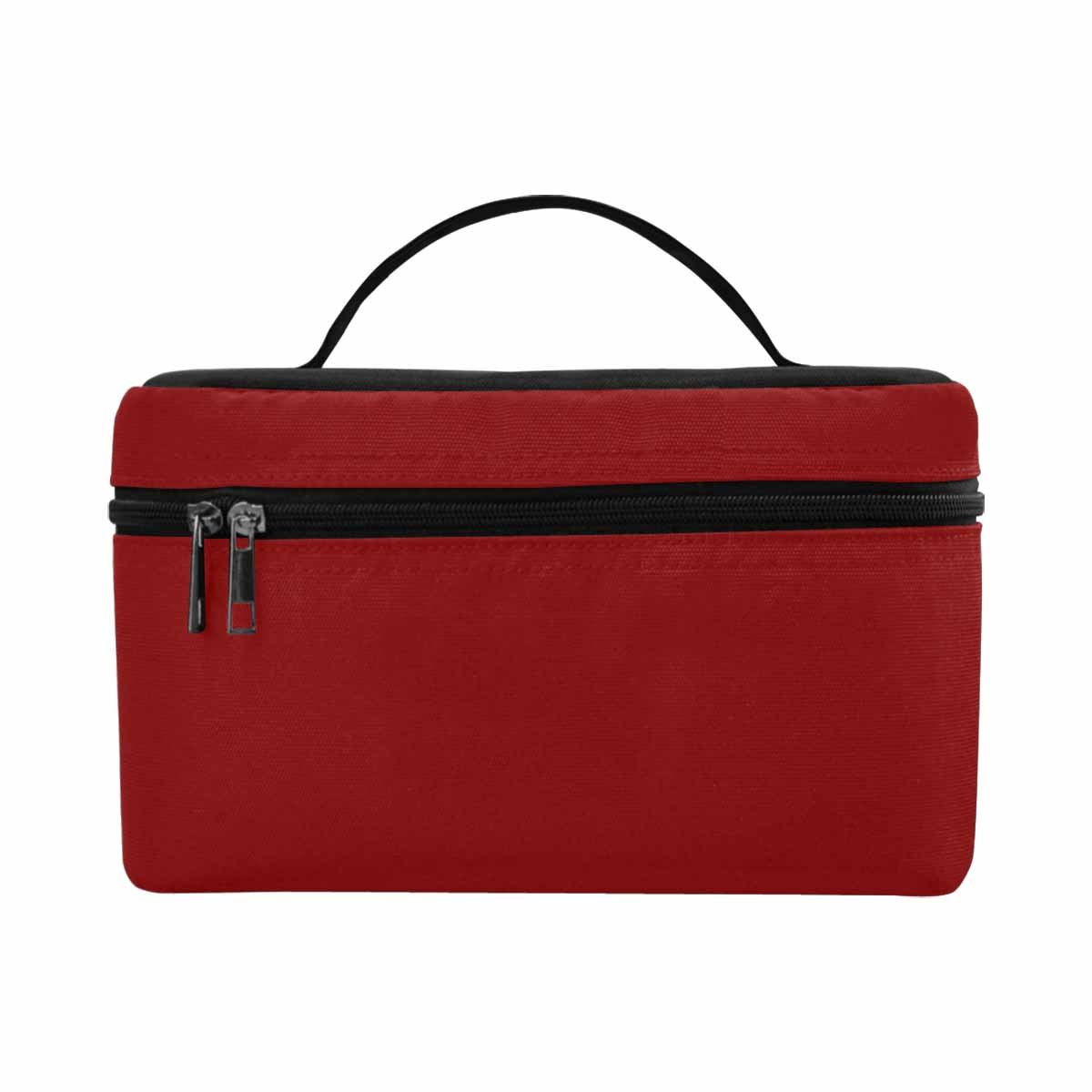 Maroon red cosmetic bag with multiple compartments and secure zipper closure, perfect for organizing beauty essentials.