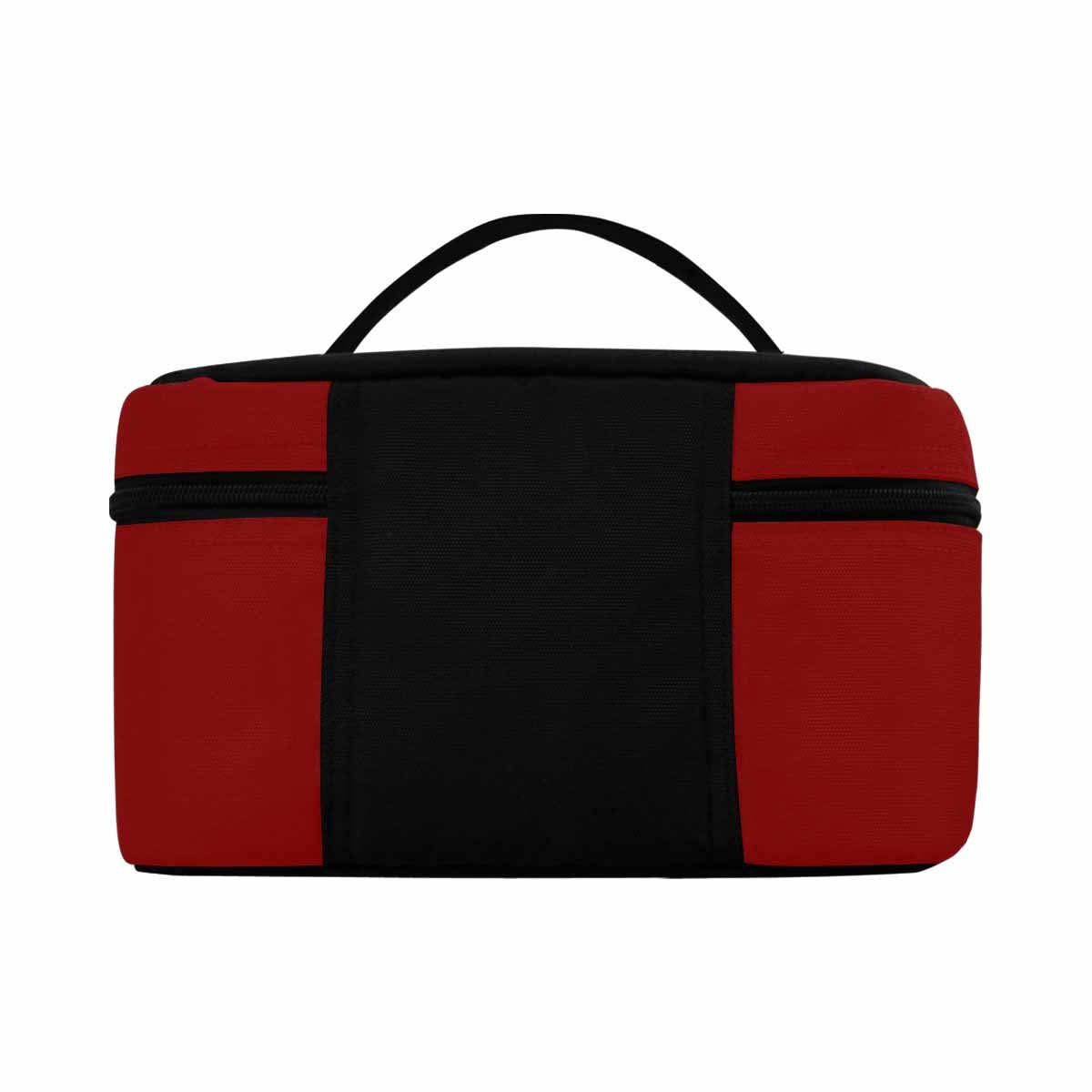 Maroon red cosmetic bag with multiple compartments and secure zipper closure, perfect for organizing beauty essentials.