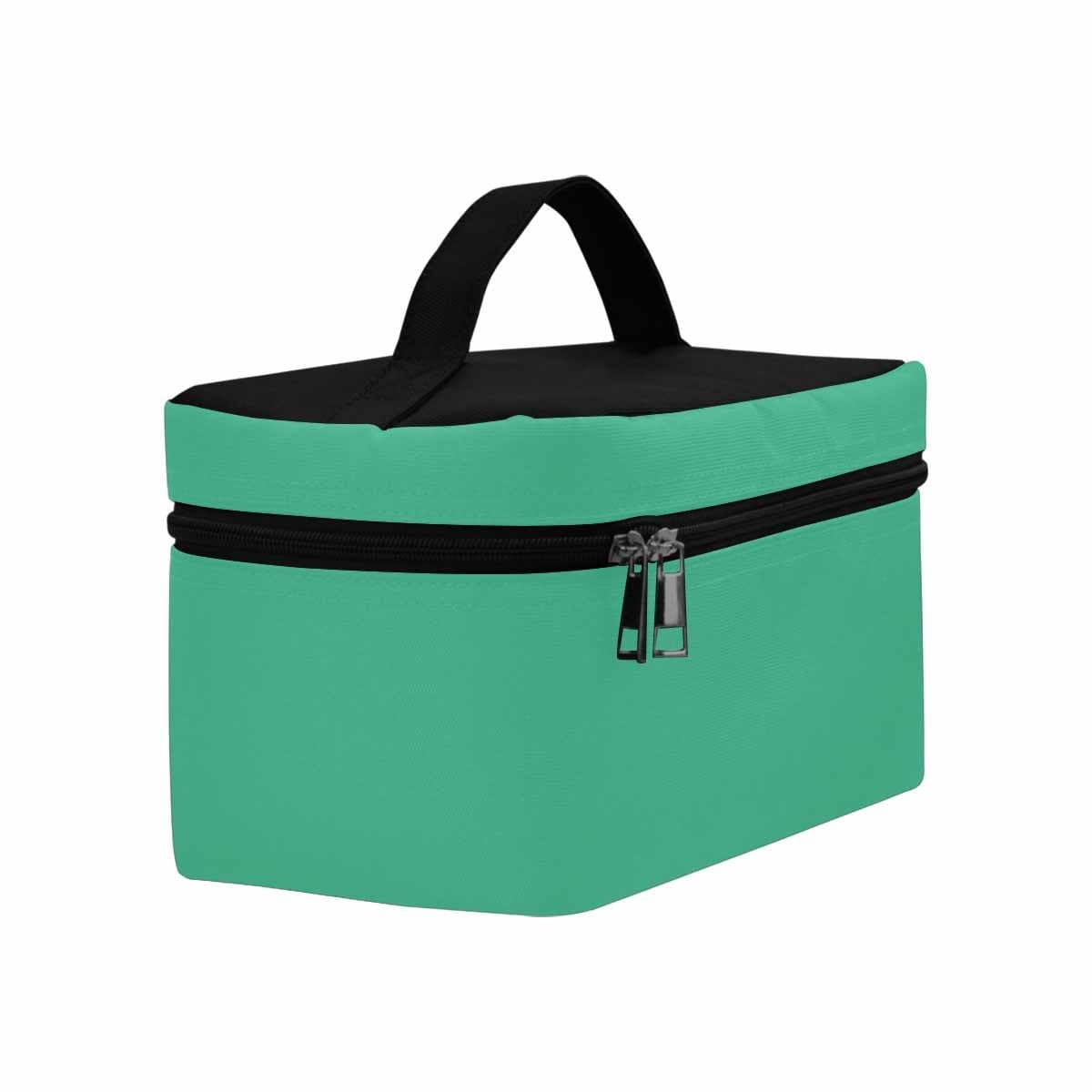 Mint green cosmetic bag with multiple compartments and zipper closure, perfect for organizing beauty essentials.