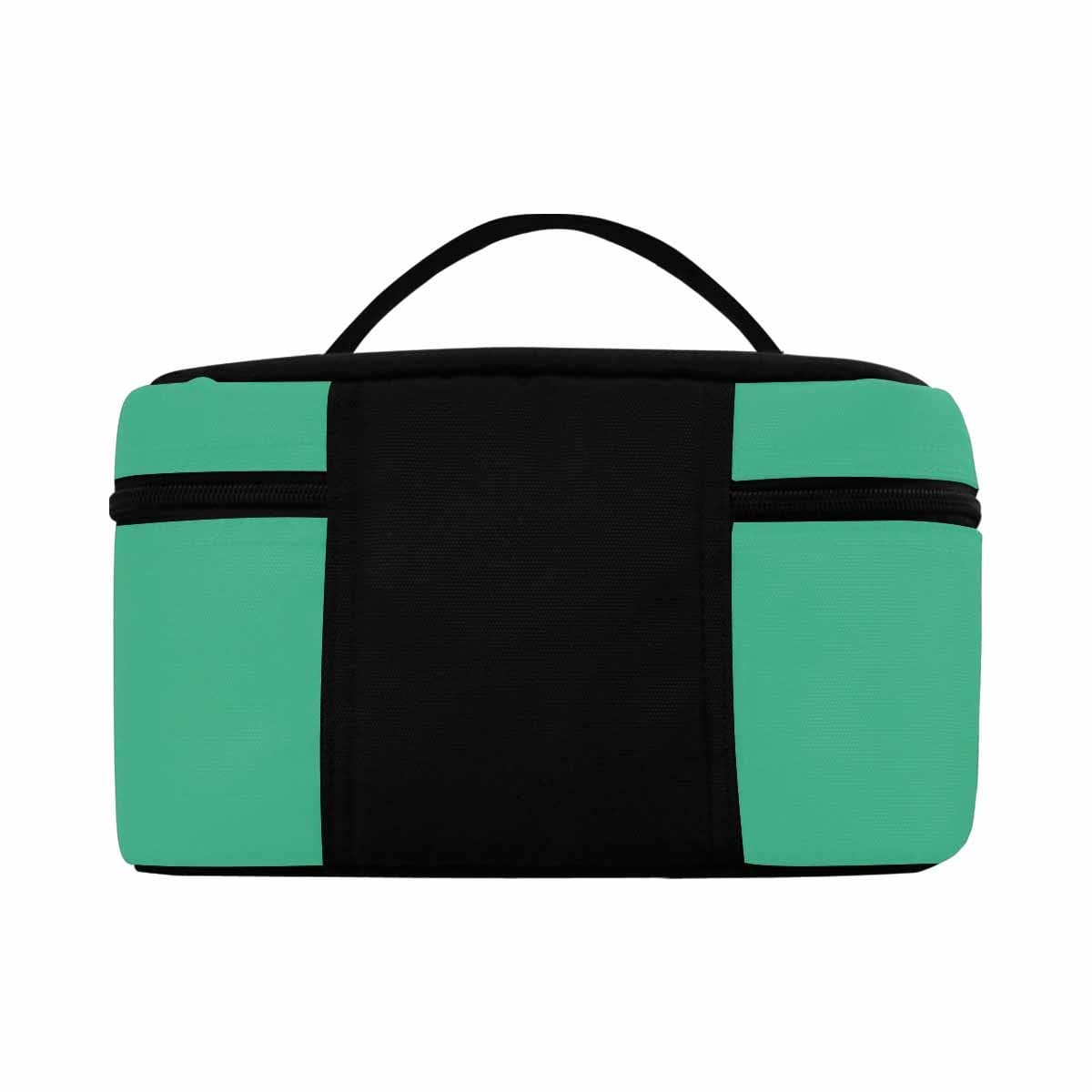 Mint green cosmetic bag with multiple compartments and zipper closure, perfect for organizing beauty essentials.