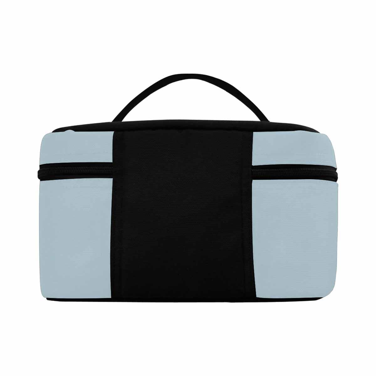 Pastel blue cosmetic bag with multiple compartments, stylish design, and secure zipper closure, perfect for organizing beauty essentials.