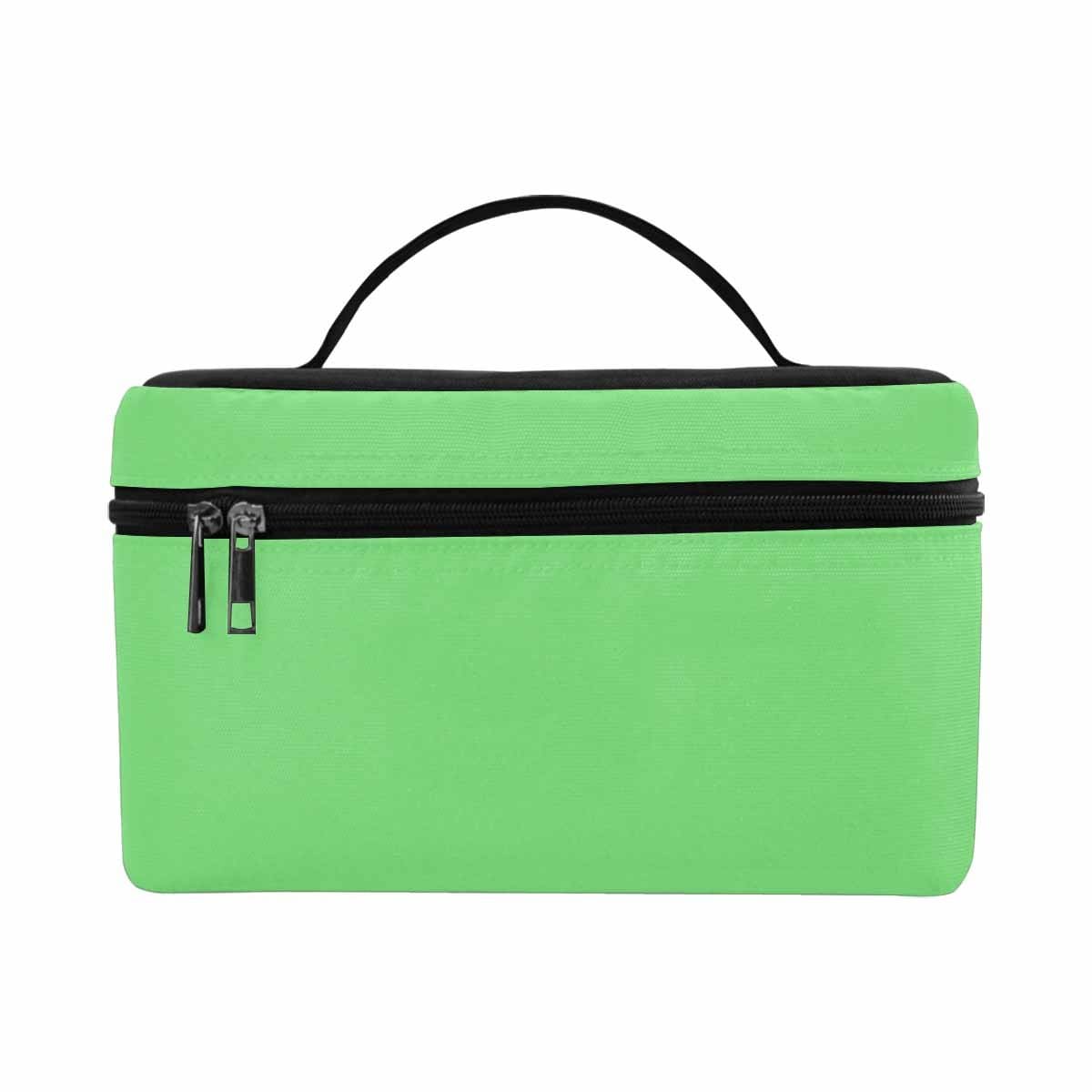 Pastel green cosmetic bag with multiple compartments and secure zipper closure, ideal for travel and organization.