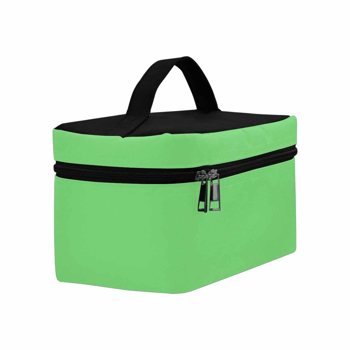 Pastel green cosmetic bag with multiple compartments and secure zipper closure, ideal for travel and organization.