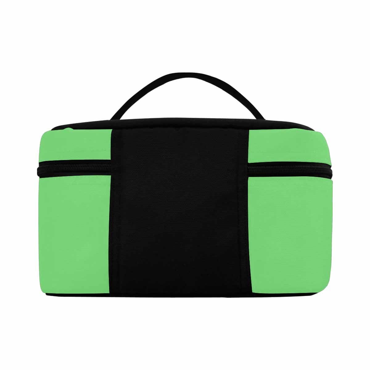 Pastel green cosmetic bag with multiple compartments and secure zipper closure, ideal for travel and organization.