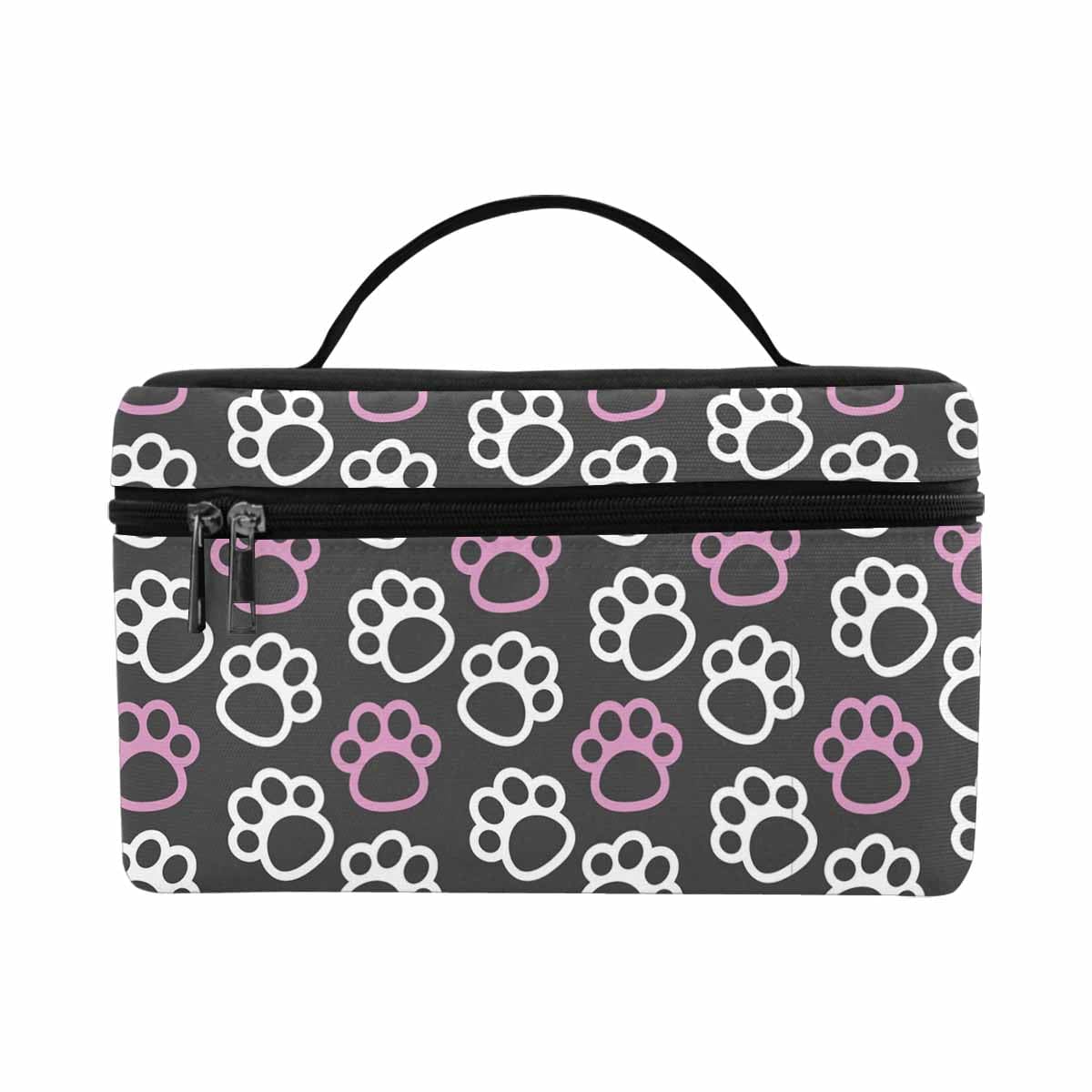 Pink and white cosmetic bag with paw prints, featuring a zipper closure and waterproof material, ideal for travel and organization.