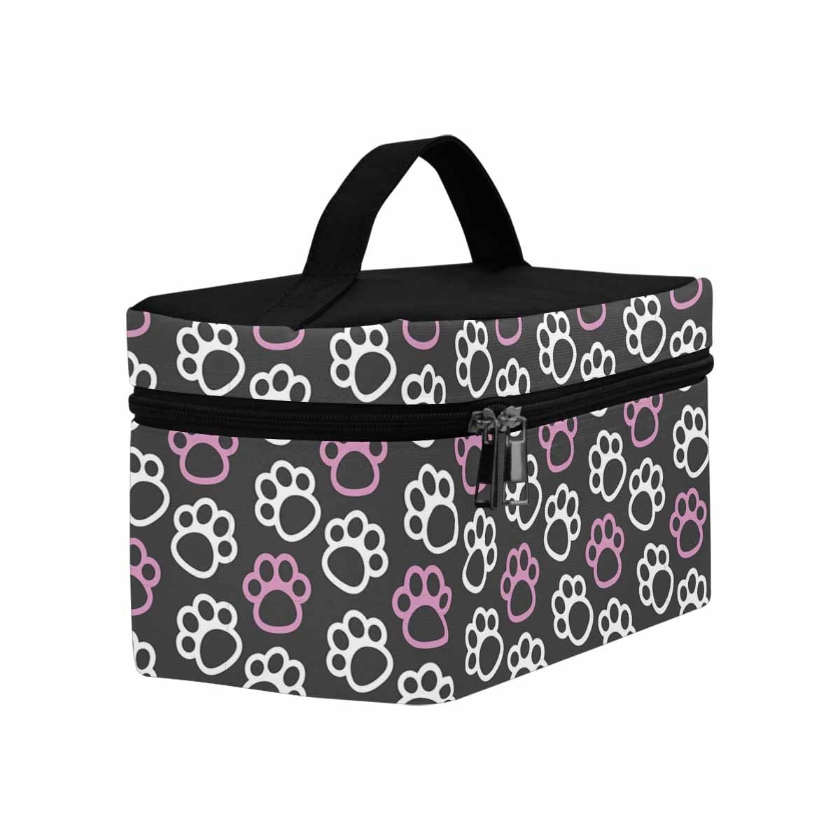 Pink and white cosmetic bag with paw prints, featuring a zipper closure and waterproof material, ideal for travel and organization.