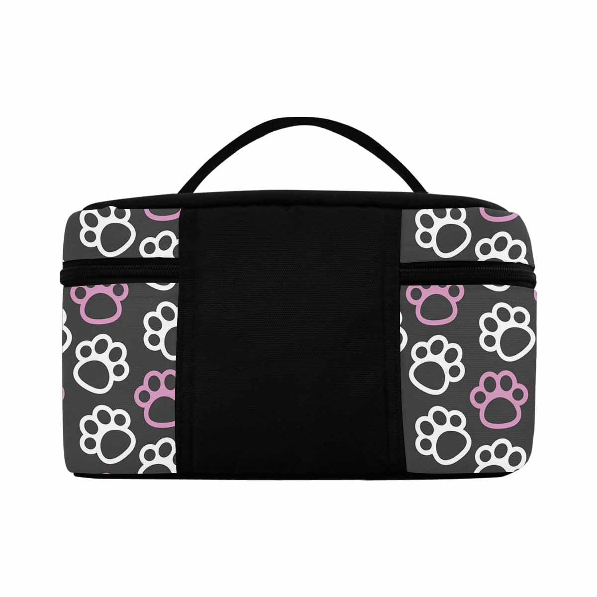 Pink and white cosmetic bag with paw prints, featuring a zipper closure and waterproof material, ideal for travel and organization.