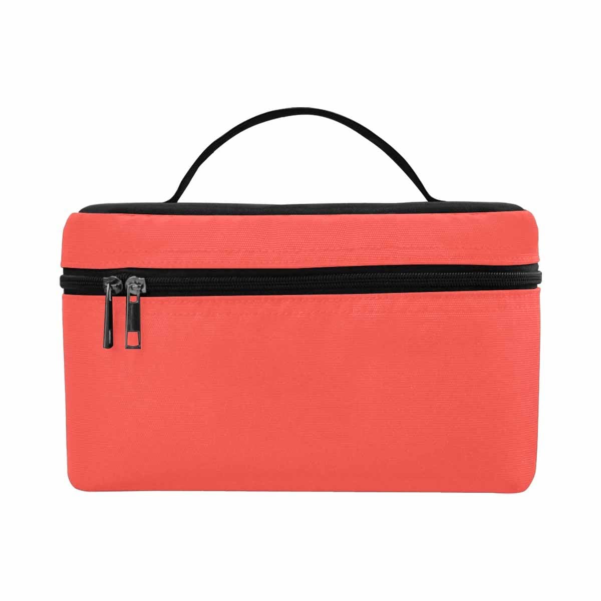 Stylish red orange cosmetic bag with multiple compartments and secure zipper closure, perfect for organizing beauty essentials.