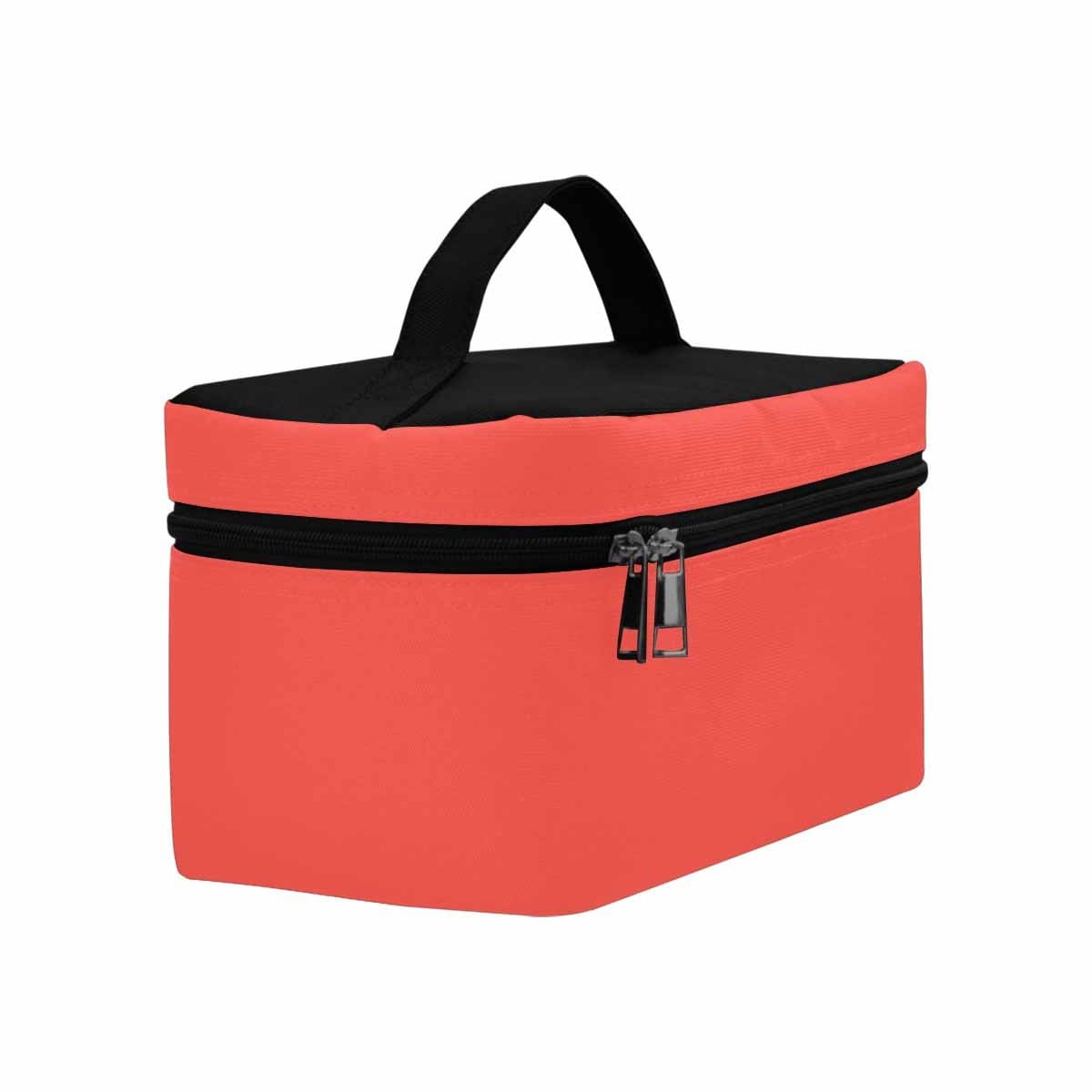 Stylish red orange cosmetic bag with multiple compartments and secure zipper closure, perfect for organizing beauty essentials.