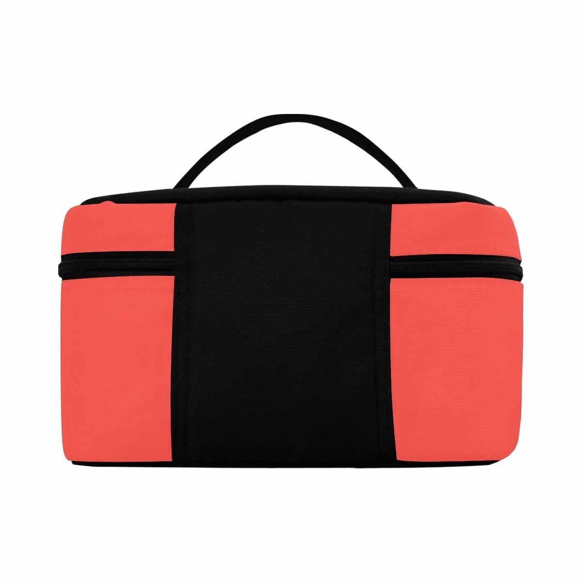 Stylish red orange cosmetic bag with multiple compartments and secure zipper closure, perfect for organizing beauty essentials.