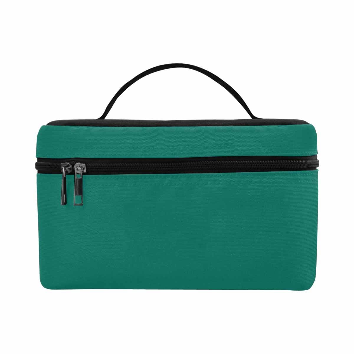 Teal green cosmetic bag with multiple compartments and secure zipper closure, perfect for organizing beauty essentials.