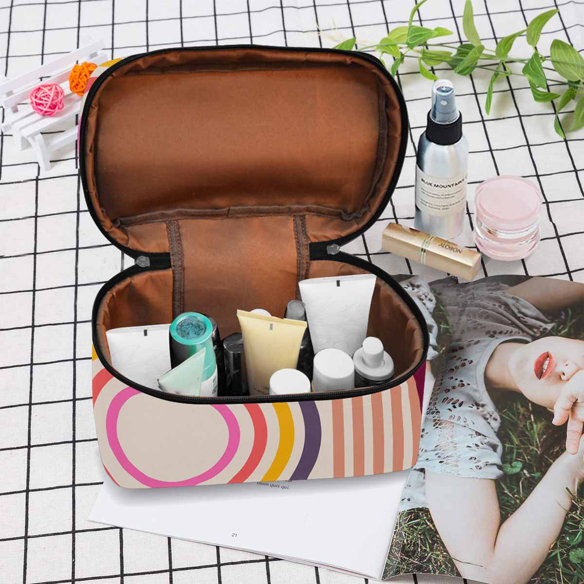 Stylish cosmetic bag with multiple compartments, water-resistant material, and secure zipper closure, ideal for travel and organization.