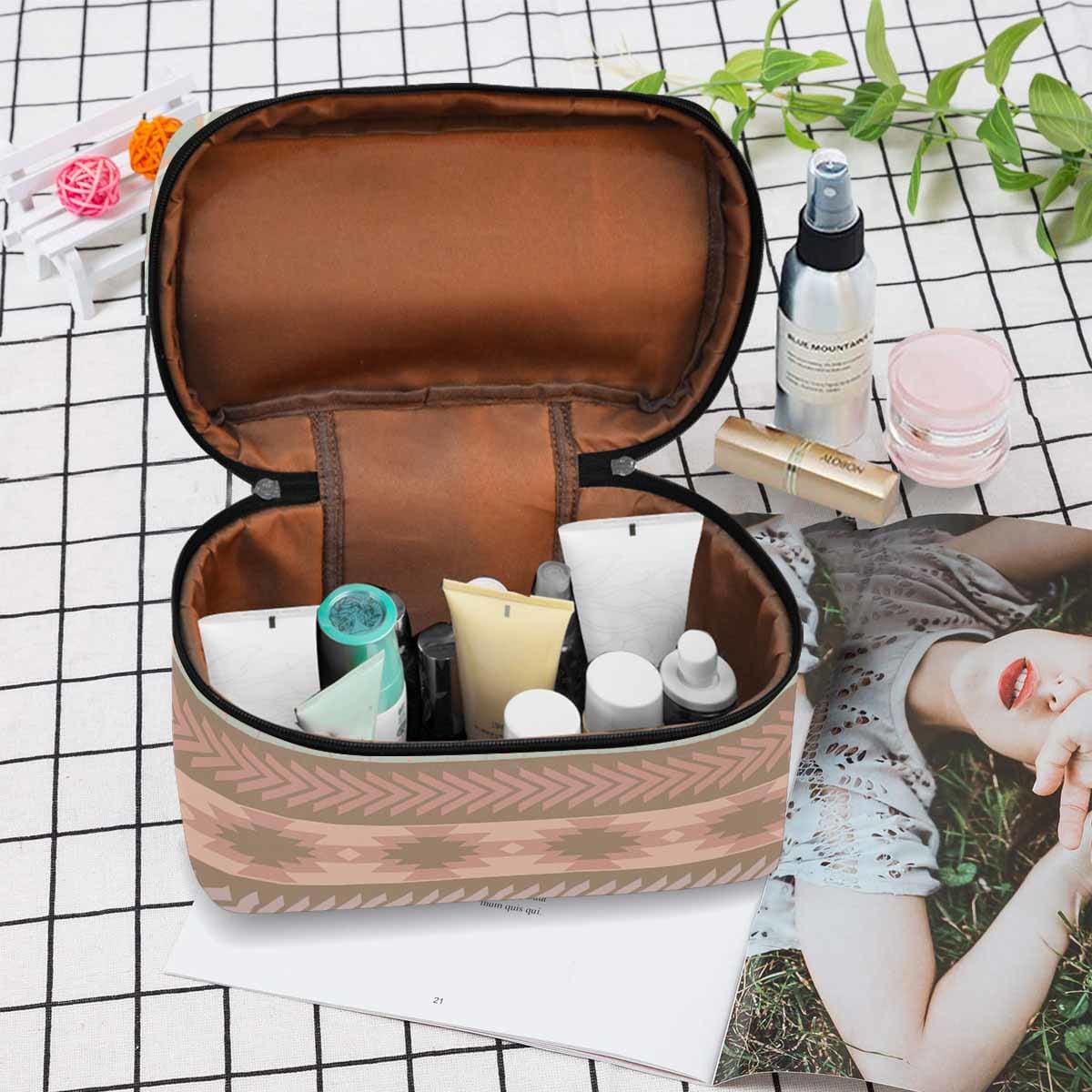 Stylish black and brown waterproof cosmetic bag with zipper closure, perfect for travel and organizing beauty products.