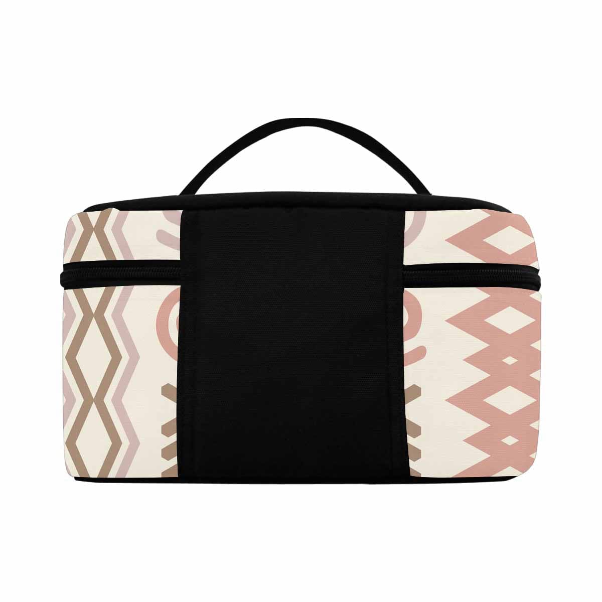 A stylish waterproof cosmetic bag in black and brown, featuring a zipper closure, ideal for travel and organization of beauty products.