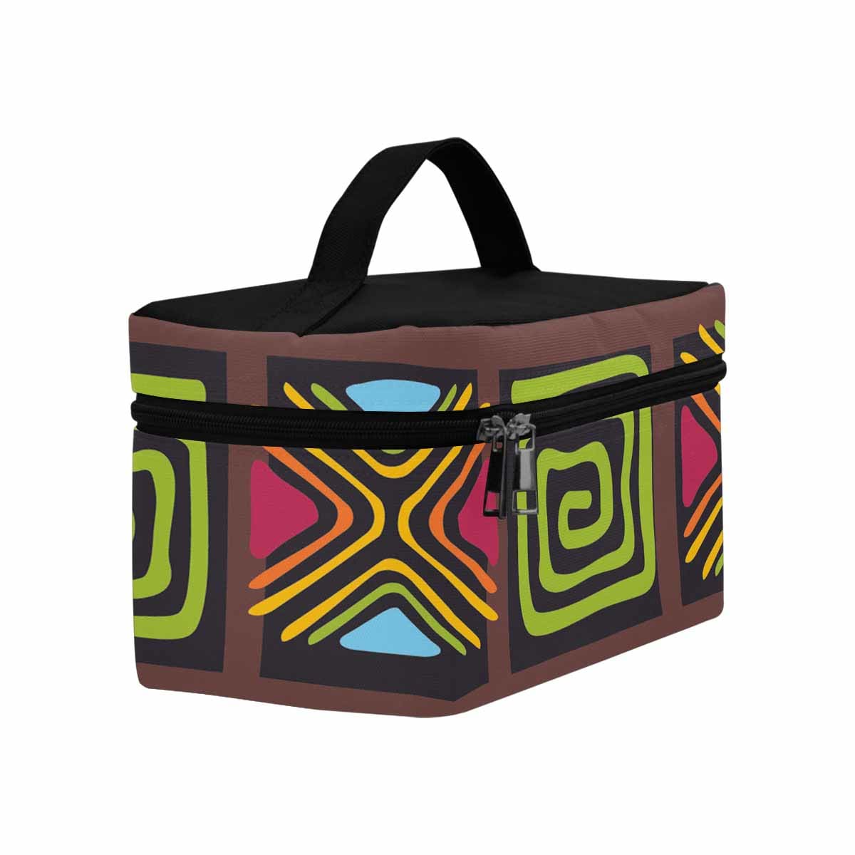 A stylish waterproof cosmetic bag in black and brown, featuring a zipper closure, ideal for travel and organization.