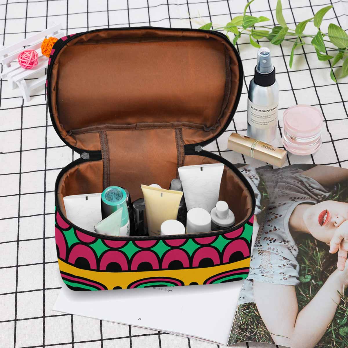 A stylish waterproof cosmetic bag in black and brown, featuring a zipper closure, perfect for travel and organization of beauty essentials.