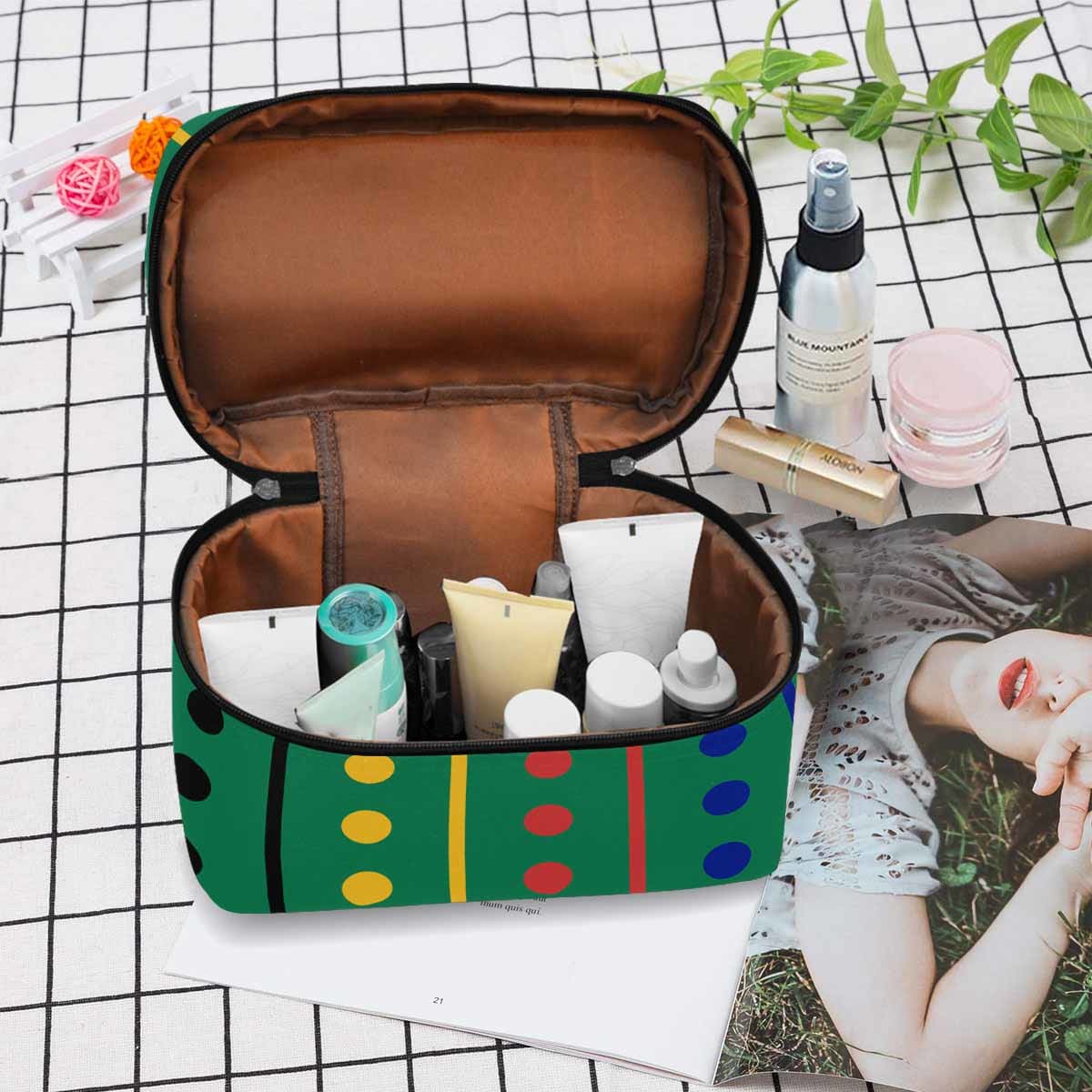 Stylish black and brown waterproof cosmetic bag with zipper closure, ideal for travel and organization.