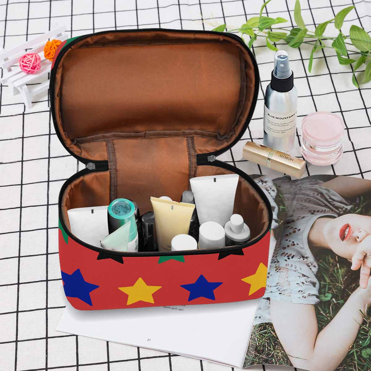 A stylish waterproof cosmetic bag in black and brown, featuring a zipper closure, ideal for travel and organization of beauty products.