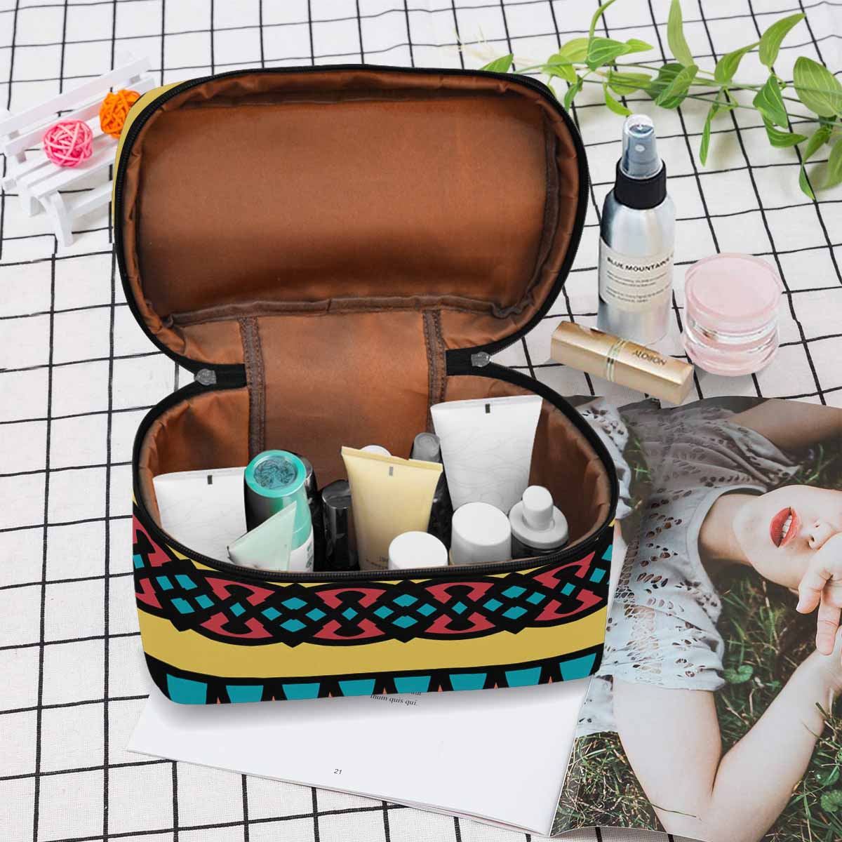 Stylish black and brown waterproof cosmetic bag with zipper closure, perfect for travel and organizing beauty products.