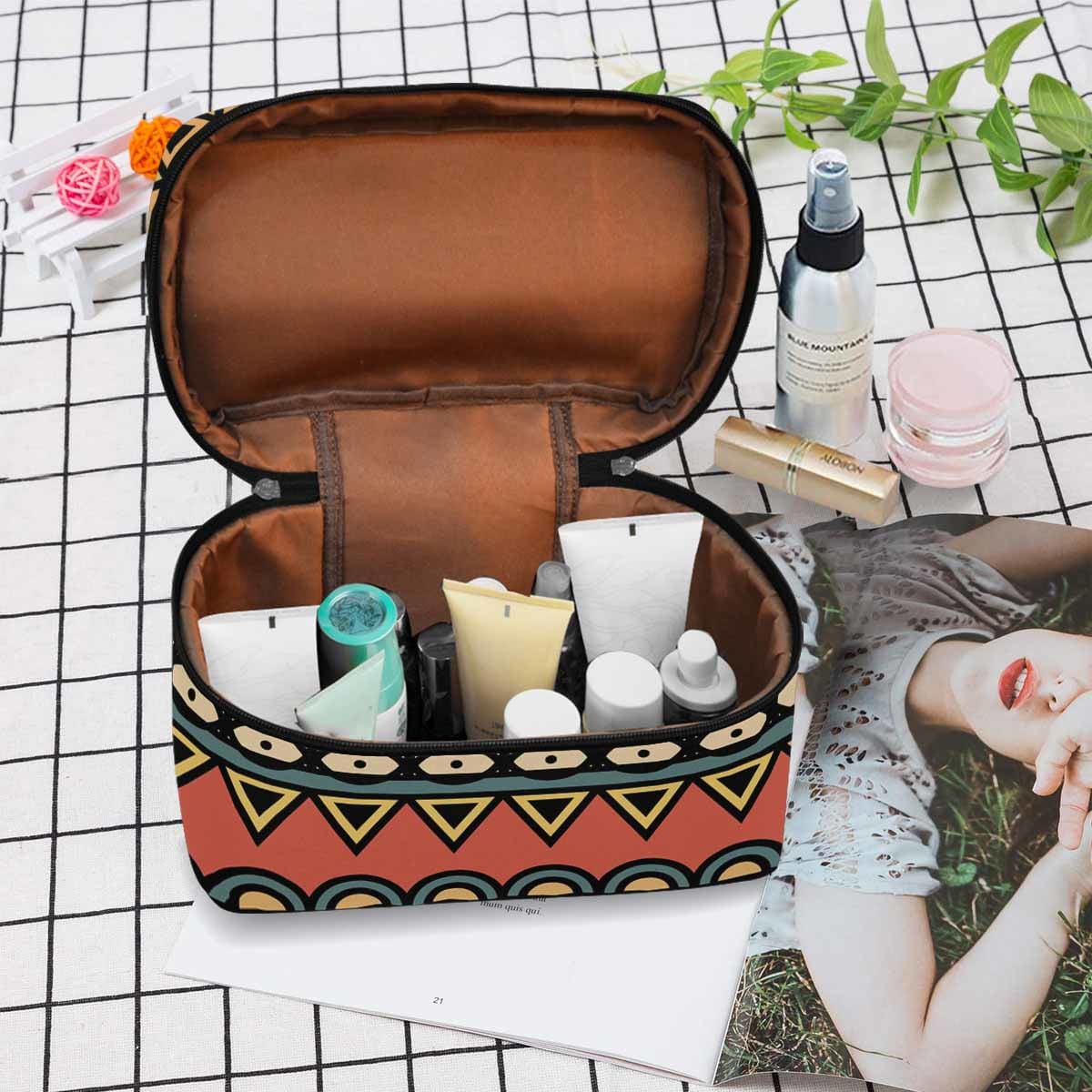 A stylish waterproof cosmetic bag in black and brown, featuring a zipper closure, perfect for travel and organization of beauty products.