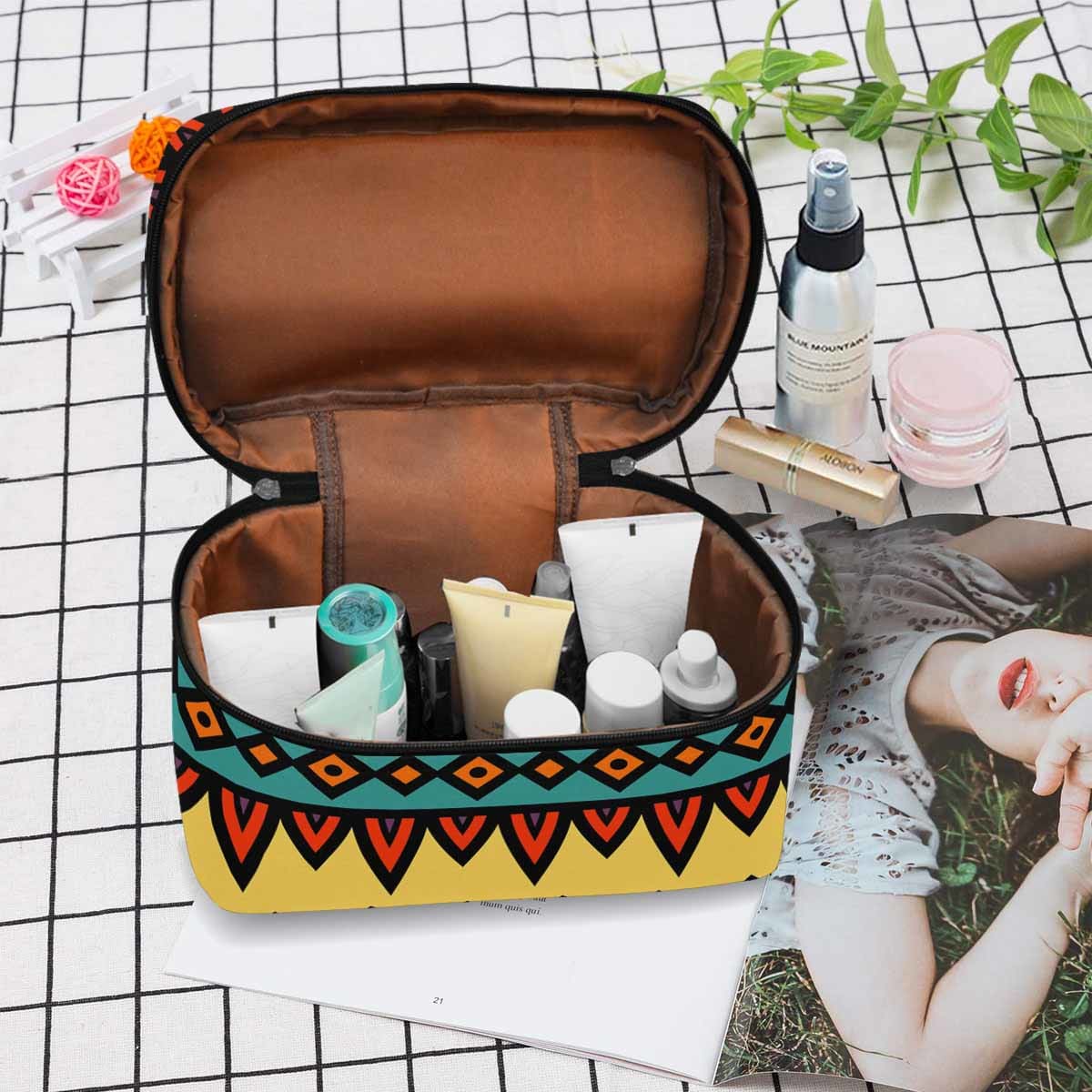 A stylish waterproof cosmetic bag in black and brown, featuring a secure zipper closure, perfect for travel and organization.