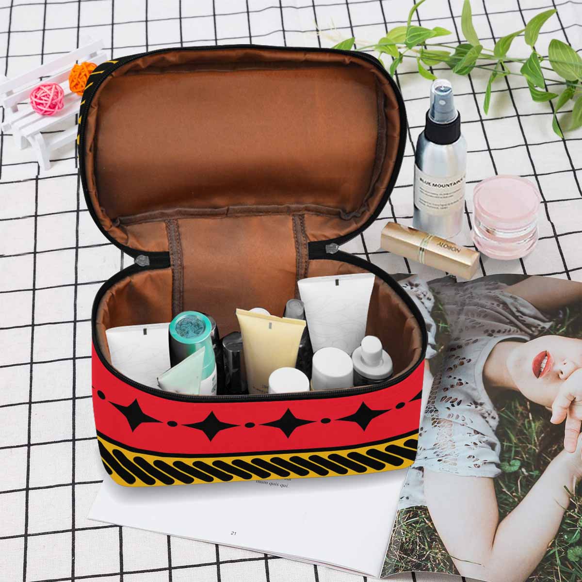 Stylish black and brown waterproof cosmetic bag with zipper closure, perfect for travel and organization.