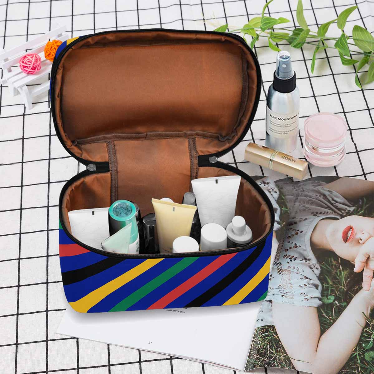 Stylish black and brown waterproof cosmetic bag with zipper closure, ideal for travel and organization.