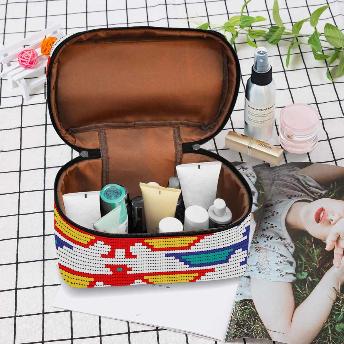 A stylish black and brown waterproof cosmetic bag with zipper closure, ideal for travel and organizing beauty products.