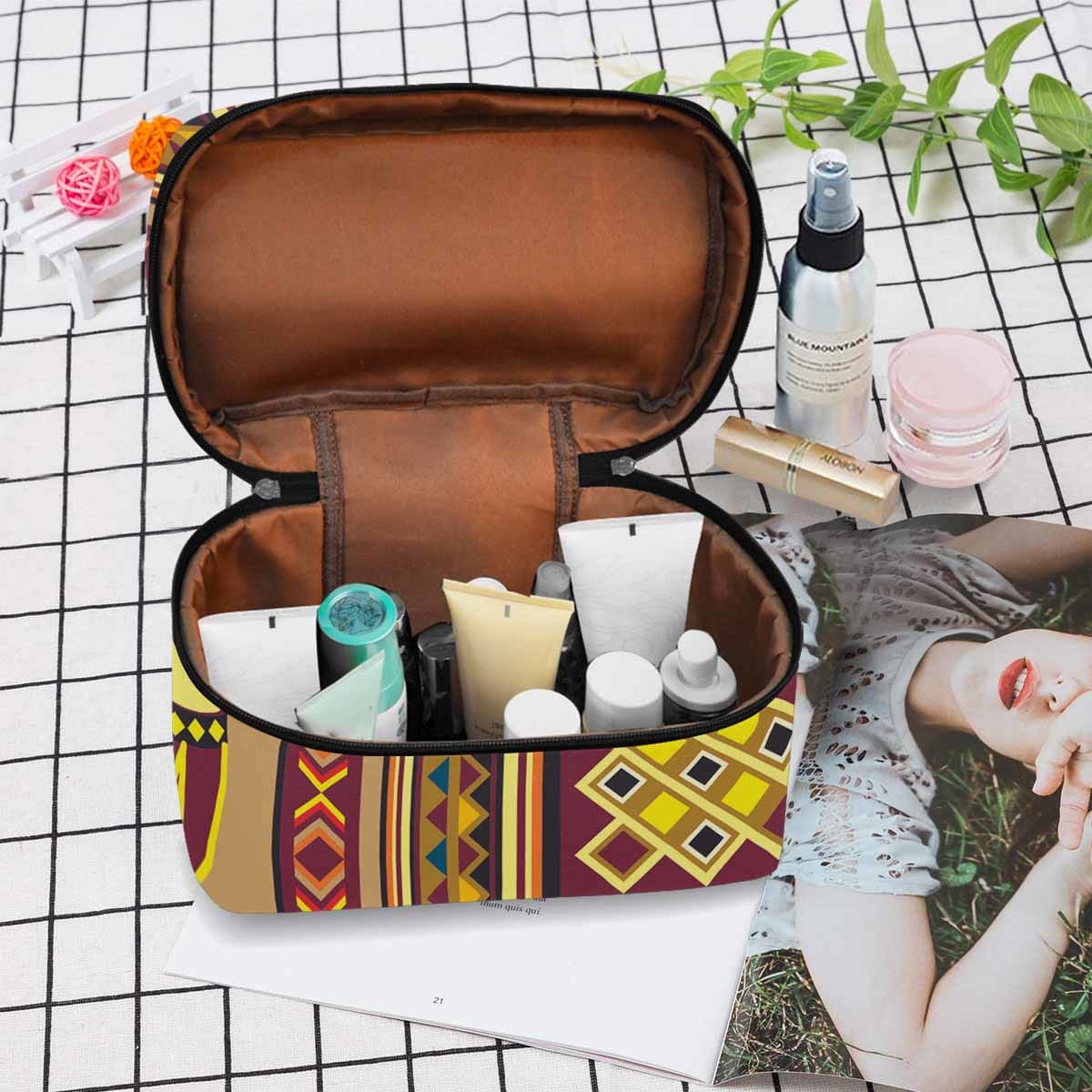 Cosmetic Bag, Travel Case - B29801 in black and brown, showcasing its waterproof material and zipper closure.