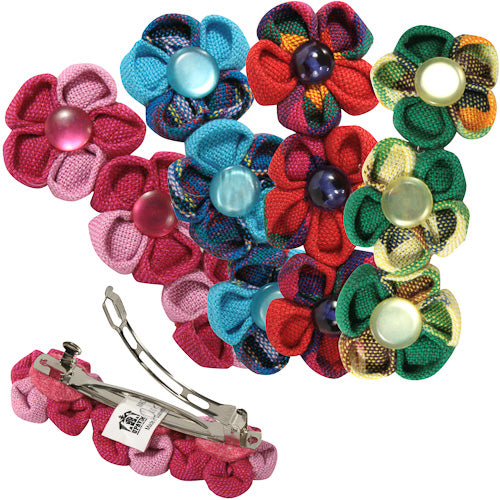 Handmade Cotton Barrette featuring three colorful flowers, crafted by women artisans in Guatemala, showcasing vibrant Guatemalan fabrics.