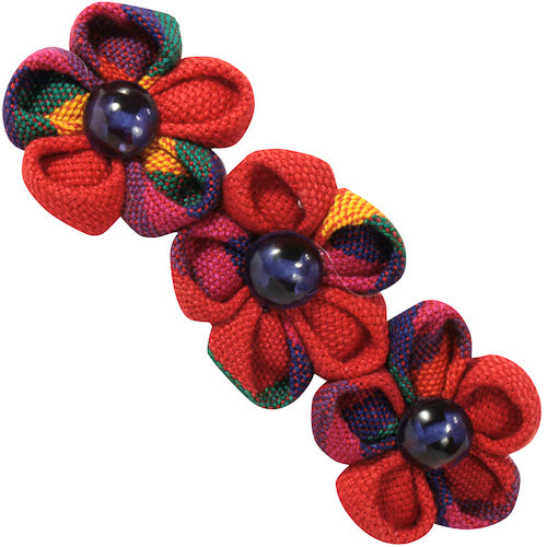 Handmade Cotton Barrette featuring three colorful flowers, crafted by women artisans in Guatemala, showcasing vibrant Guatemalan fabrics.