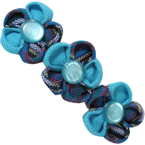 Handmade Cotton Barrette featuring three colorful flowers, crafted by women artisans in Guatemala, showcasing vibrant Guatemalan fabrics.