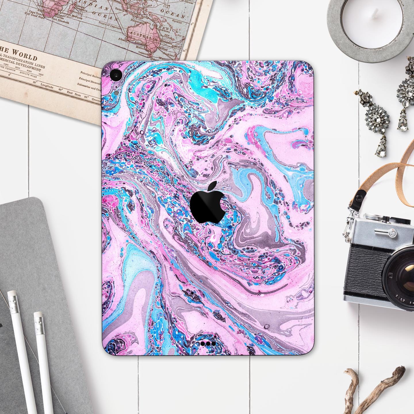 Cotton Candy Oil Mix skin decal for Apple iPad Pro, showcasing vibrant colors and ultra-thin design for protection.