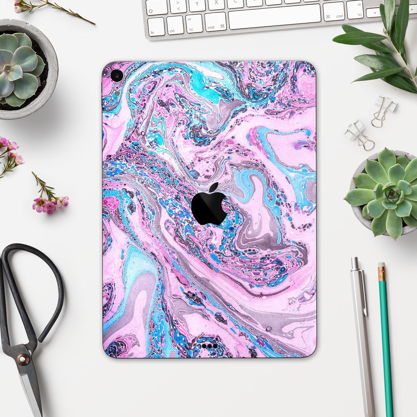 Cotton Candy Oil Mix skin decal for Apple iPad Pro, showcasing vibrant colors and ultra-thin design for protection.