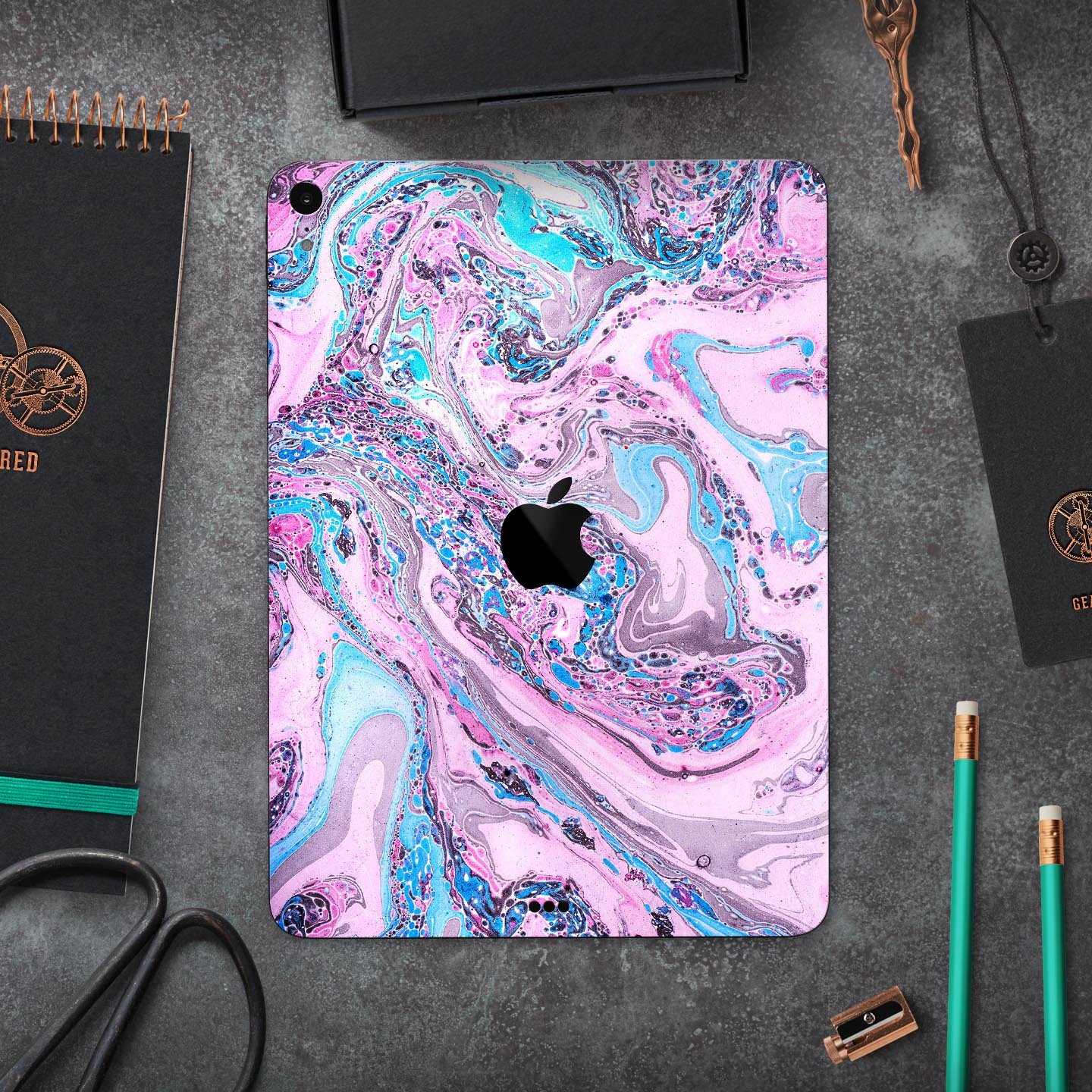 Cotton Candy Oil Mix skin decal for Apple iPad Pro, showcasing vibrant colors and ultra-thin design for protection.