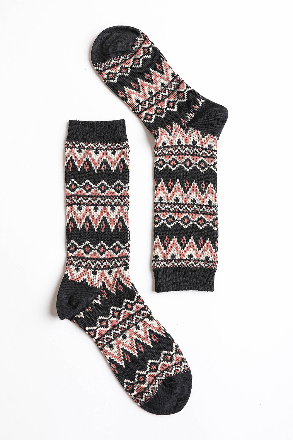 A pair of cozy tribal pattern socks featuring a warm and fuzzy texture, perfect for winter wear.