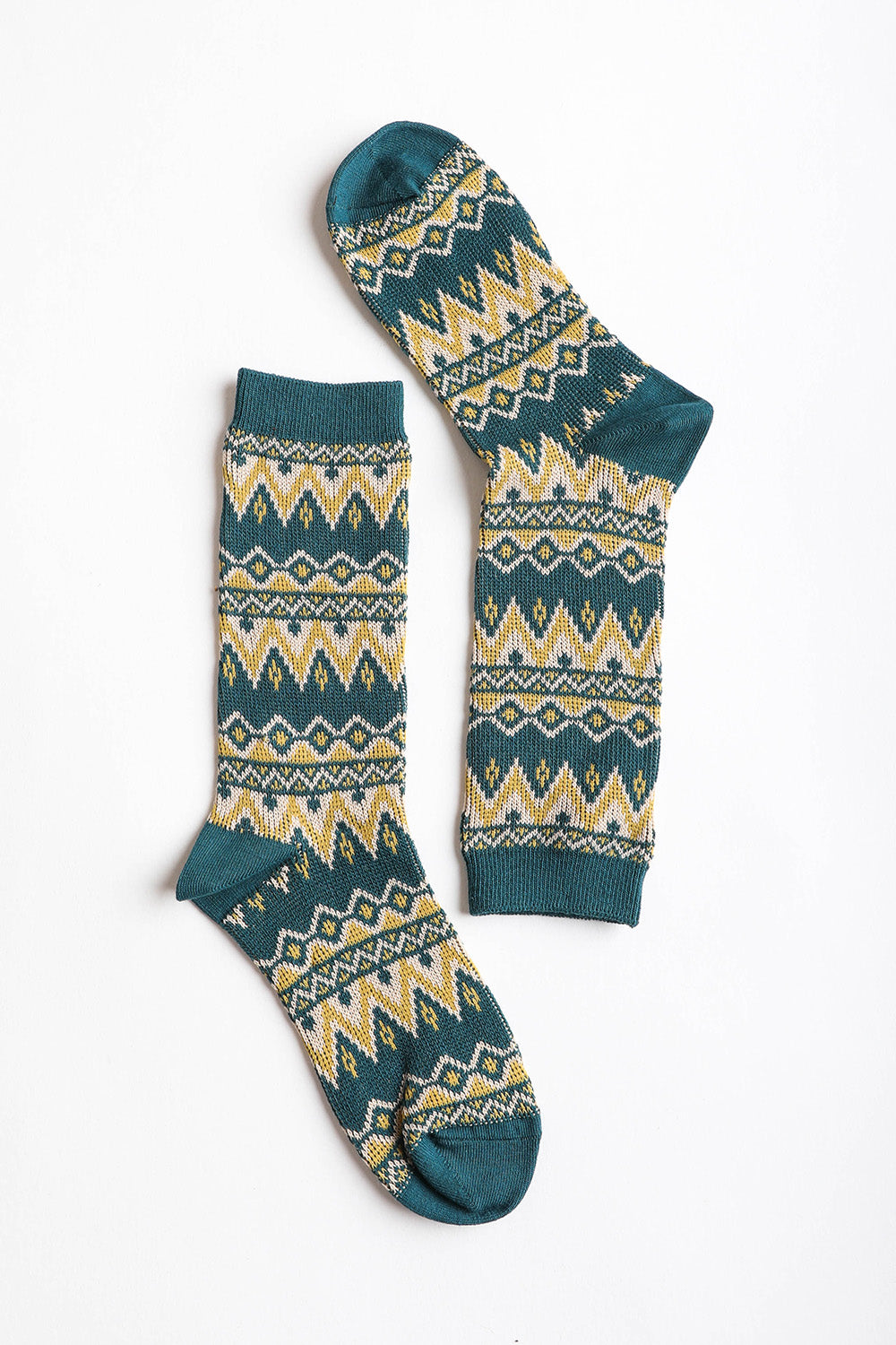 A pair of cozy tribal pattern socks featuring a warm and fuzzy texture, perfect for winter wear.