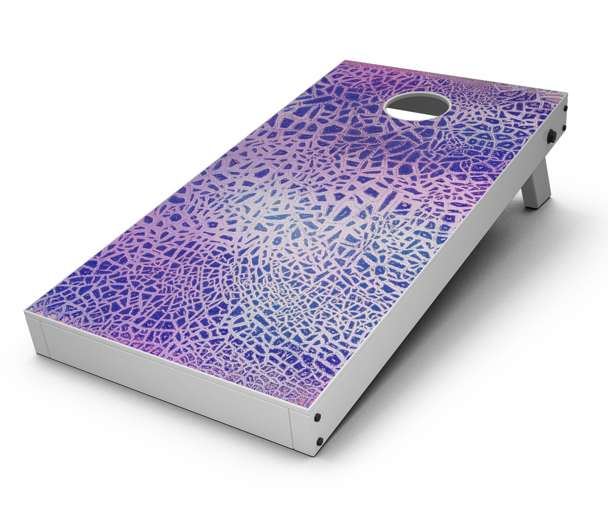 Cracked Purple Texture Cornhole Board Skin Decal Kit showcasing vibrant purple design and premium vinyl material.