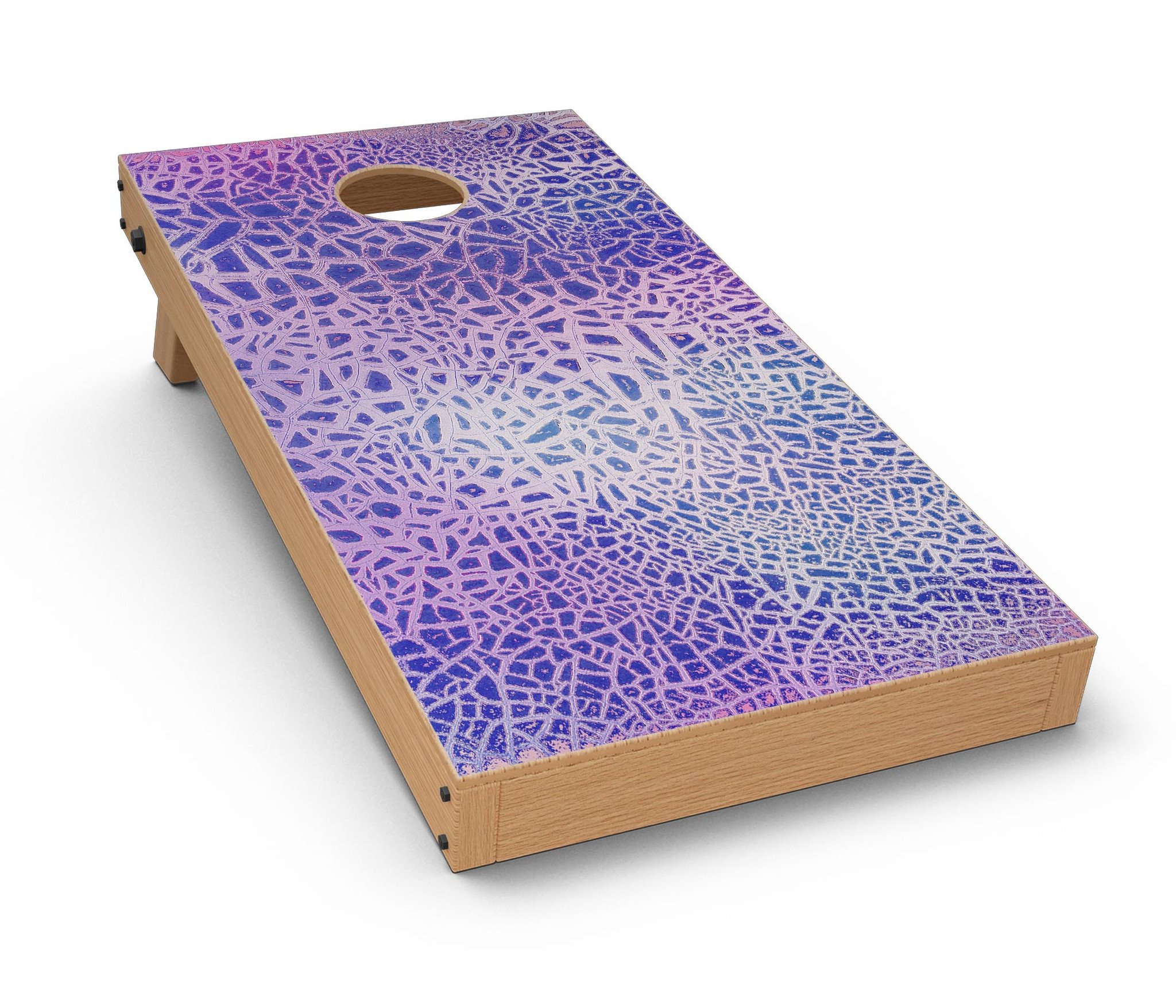 Cracked Purple Texture Cornhole Board Skin Decal Kit showcasing vibrant purple design and premium vinyl material.