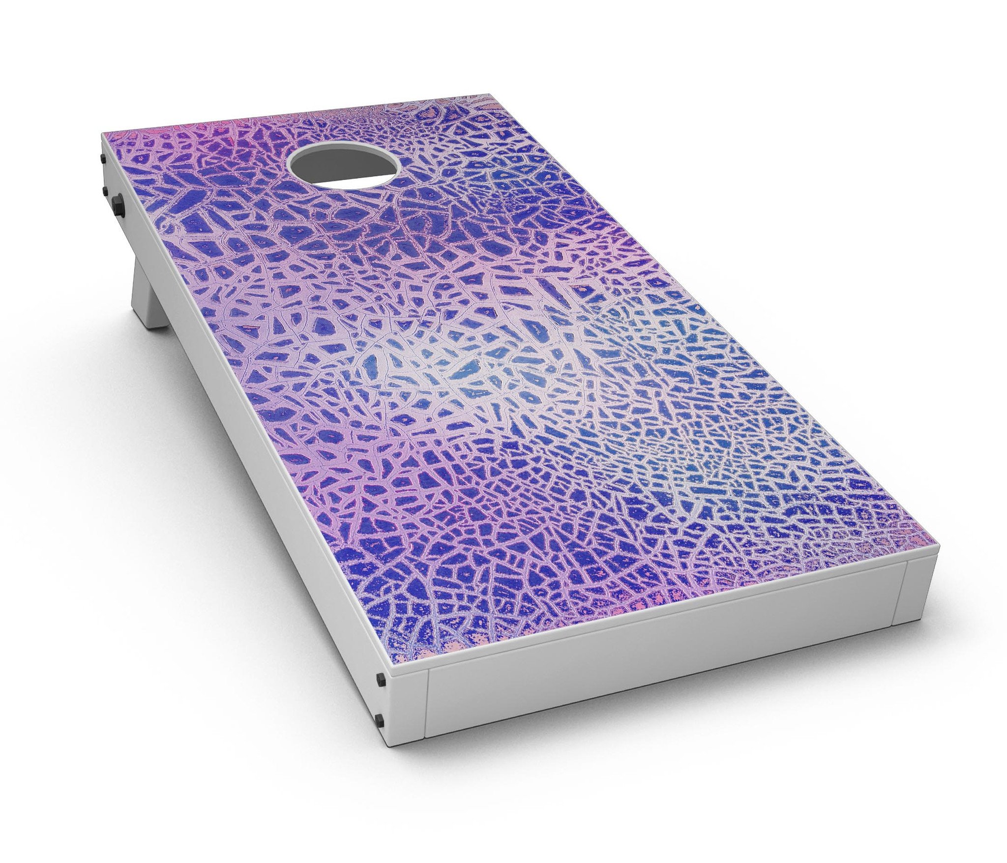 Cracked Purple Texture Cornhole Board Skin Decal Kit showcasing vibrant purple design and premium vinyl material.