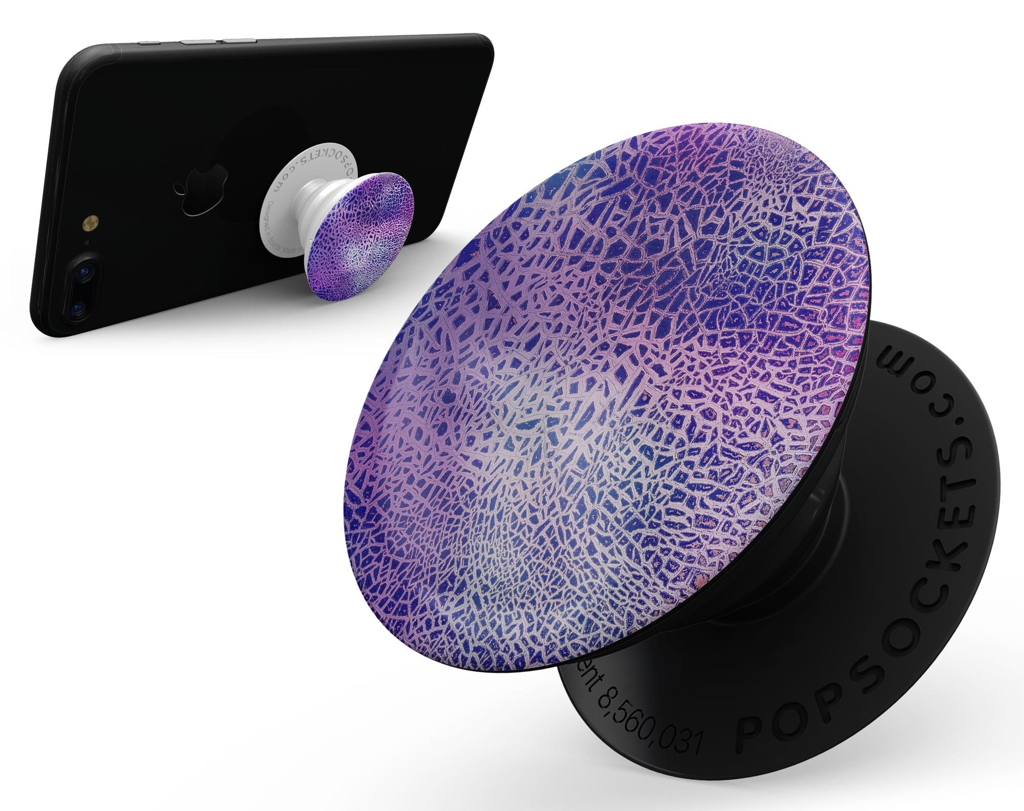 Cracked Purple Texture Skin Kit for PopSockets, showcasing vibrant purple design on a smartphone grip.