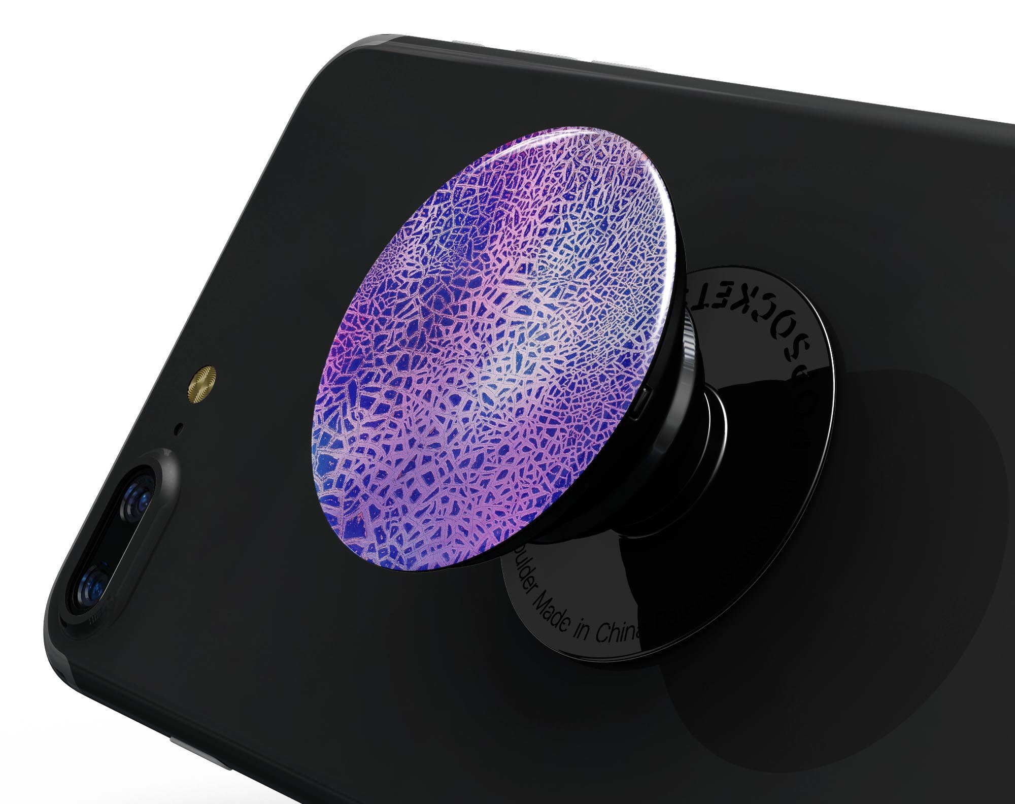 Cracked Purple Texture Skin Kit for PopSockets, showcasing vibrant purple design on a smartphone grip.