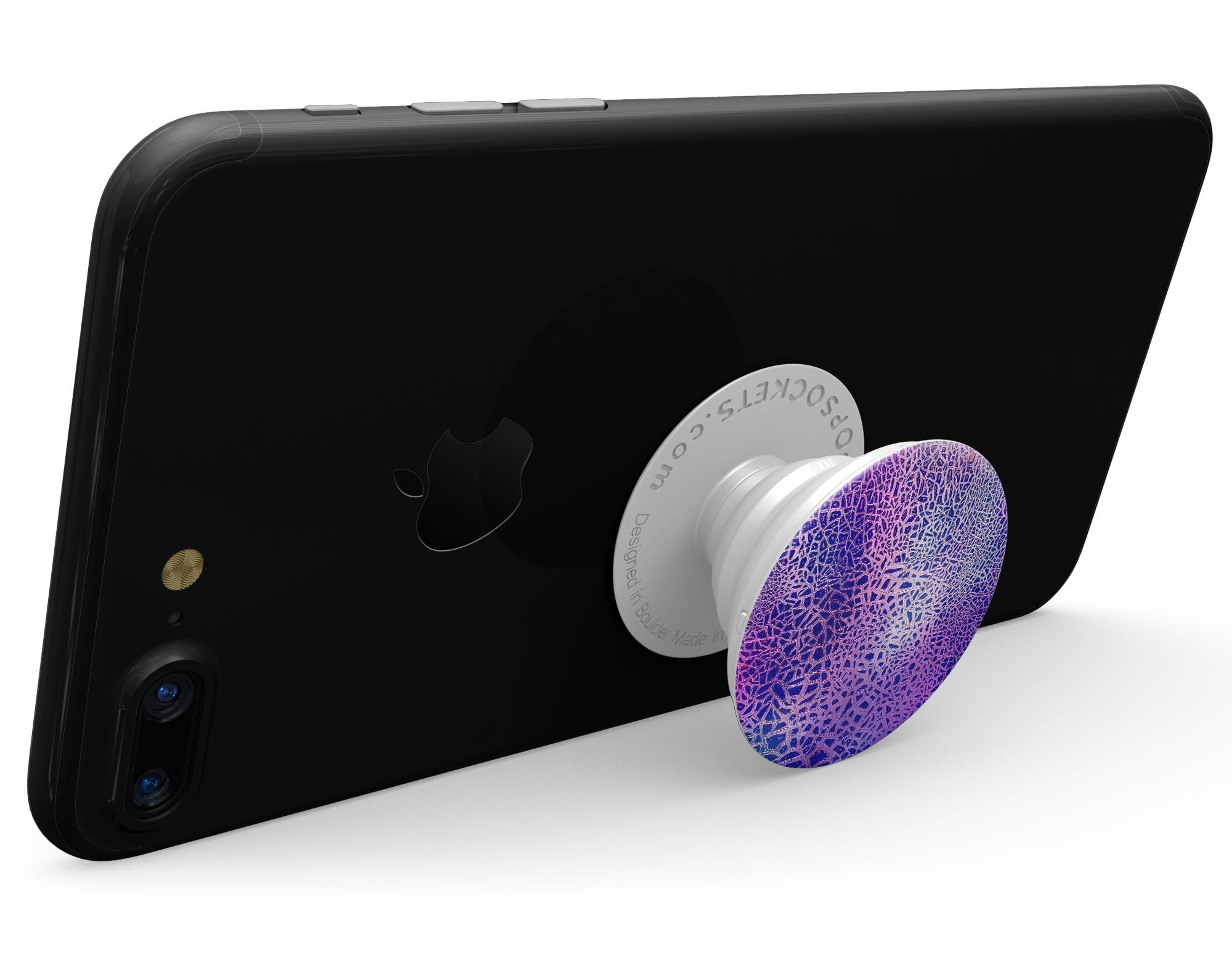 Cracked Purple Texture Skin Kit for PopSockets, showcasing vibrant purple design on a smartphone grip.